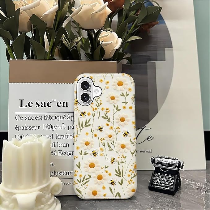 Case for iPhone 16 Case,Bees Sunflowers Design - Hybrid Dual Protection Silicone + Hard PC Shockproof Full Body Cover Slim Anti-Scratch Protective Case for Men Women