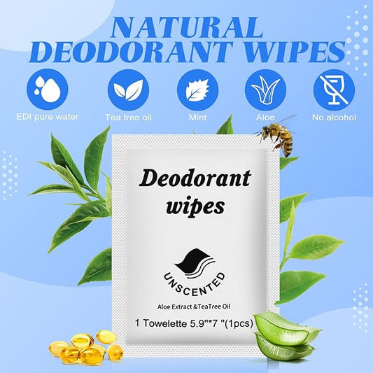 Travel Deodorant Wipes Individually Wrapped,Body Wipes to Clean Skin for Women Men（Unscented,pack of 100)