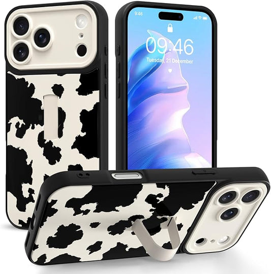 Compatible with iPhone 17 Pro Case with Finger Hand Strap Kickstand, Cute Funny Milk Cow Print Phone Case for Women Men, Full Camera Protection Shockproof Protective Cover, Milk Cow