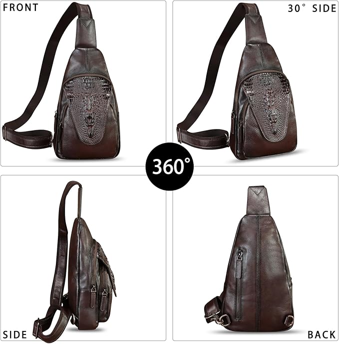 Genuine Leather Sling Bag Embossed Crocodile Pattern Leather Crossbody Sling Backpack Handmade Chest Purse Daypack (Coffee)