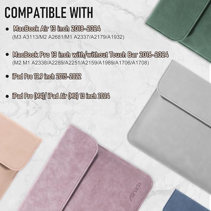 Allinside 13 Inch Laptop Sleeve Case for MacBook Air 13 2018-2025/MacBook Pro 13 2016-2022/Macbook Pro 14 2021-2024, Waterproof PU Leather Horizontal Envelope Protective Case Cover, Purple