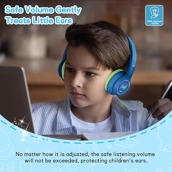 LOBKIN Active Noise Cancelling Headphones for Kids,Bluetooth 5.4,Kids Headphones Wireless with Mic 50H Playtime AUX Cord Safe Volume Limited Foldable for Boy Girl Travel/School/iPad(with LED Lights)