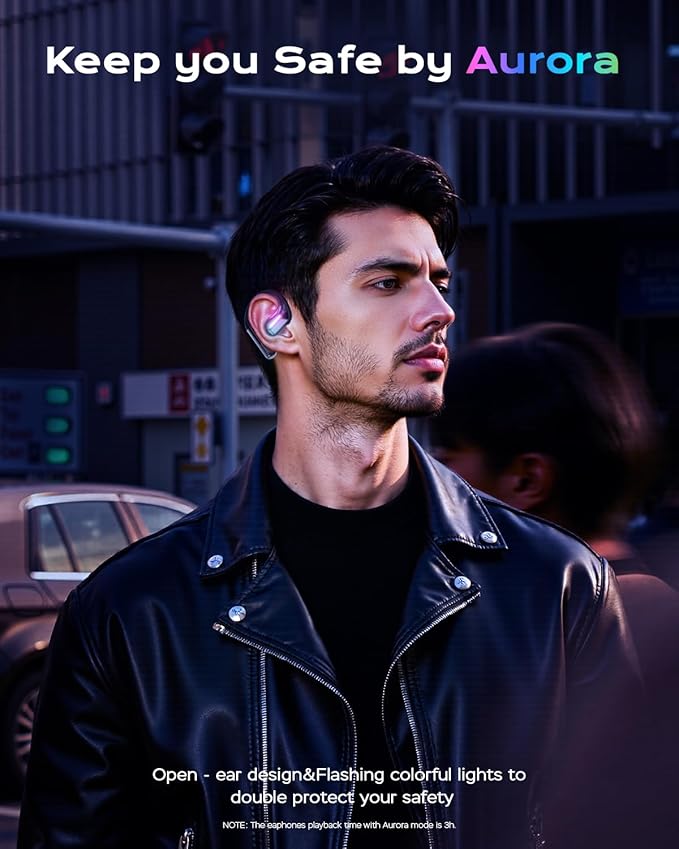 True Bone Conduction Headphones, Perfect for Night Running and Cycling, Aurora Mode(RGB Light) Open-Ear Headphones, Up to 30H Playtime with Charging Case, IP68 Water-Resistant, AAC/SBC