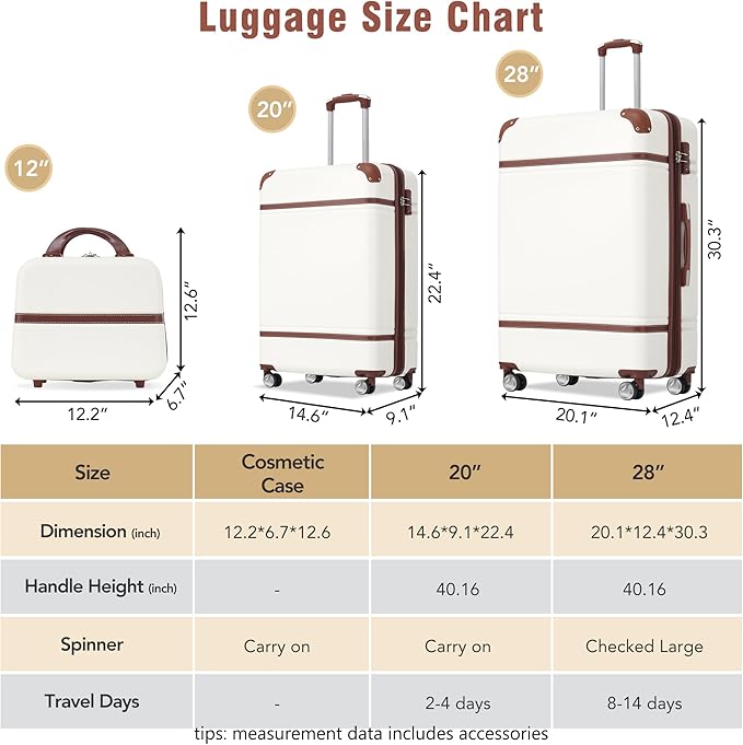 Merax Luggage Set 2 Piece Suitcase Set with Cosmetic Case Expandable Spinner Wheels Vintage Luggage Sets(White,20"+28")