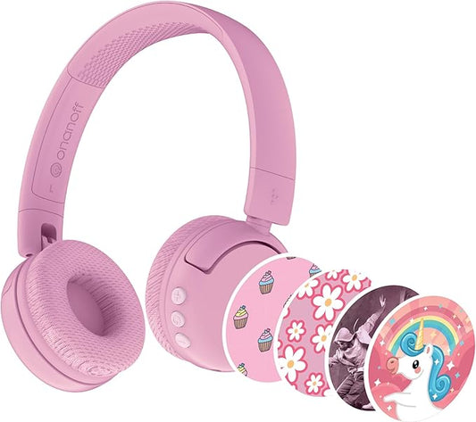 BuddyPhones POP Fun | Foldable Bluetooth Kids Headphones + Microphone, Works Wired or Wireless - SafeAudio Volume Limiting for iPhone/iPad/Tablet/PC and More (Pink)