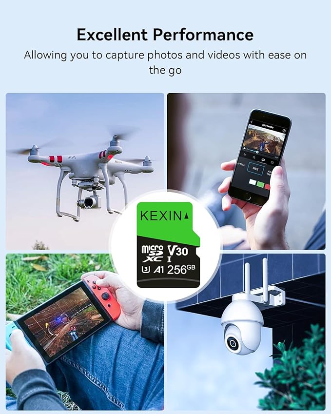 KEXIN 256GB Micro SD Card with SD Adapter microSDXC Memory Card UHS-I A1 V30 U3 Micro SD Card Full HD High Speed TF Card for Smartphone Tablet Action Camera Dash Cam Drone Game Console
