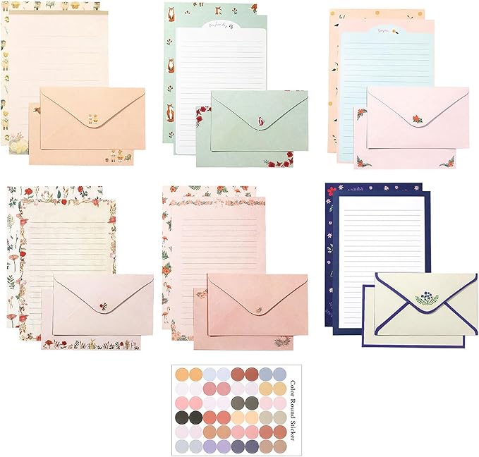 55 Pcs Stationery Paper Envelopes Set Includes 36 Lined Writing Stationery Paper & 18 Envelopes with 48 Colorful Round Dot Stickers, Cute Vintage Letter Writing and Stationery Paper Envelopes(6 Style)