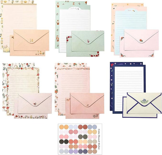 55 Pcs Stationery Paper Envelopes Set Includes 36 Lined Writing Stationery Paper & 18 Envelopes with 48 Colorful Round Dot Stickers, Cute Vintage Letter Writing and Stationery Paper Envelopes(6 Style)
