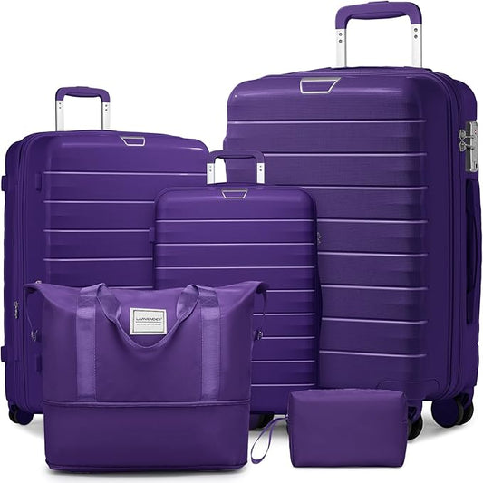 LARVENDER Luggage Sets 5 Piece with Duffel Bag Expandable(Only 28 inch) Hardside PP Carry On Luggage with 360° Spinner Wheels TSA Lock Luggage Sets for Women, Grape Purple