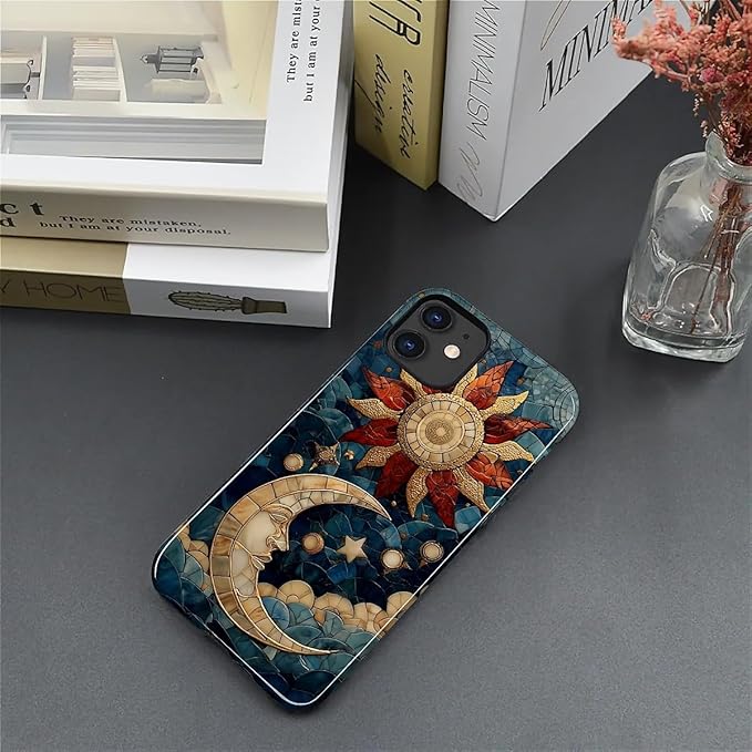 Case for iPhone 11 Case,Sun Moon Stars Faux Stained Glass Design - Hybrid Dual Protection Silicone + Hard PC Shockproof Full Body Cover Slim Anti-Scratch Protective Case for Men Women
