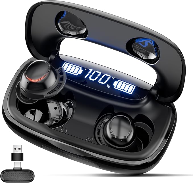 IAMJOY Gaming Earbuds, 20ms Low Latency, Wireless Game Earbuds with LED Display, 90H Play Time, 2.4GHz & Bluetooth, Noise-Canceling Mic Compatible with Meta Quest, PS5/4, VR, Switch, PC