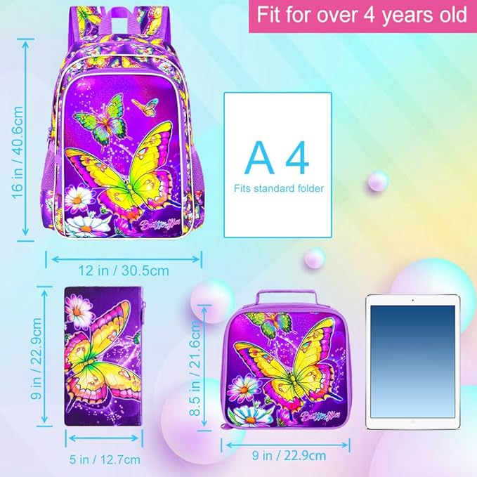 3Pcs Butterfly Backpack for Girls, 16" Kids Bookbag with Lunch Box，School Backpacks for Elementary Preschool Kindergarten (Purple)
