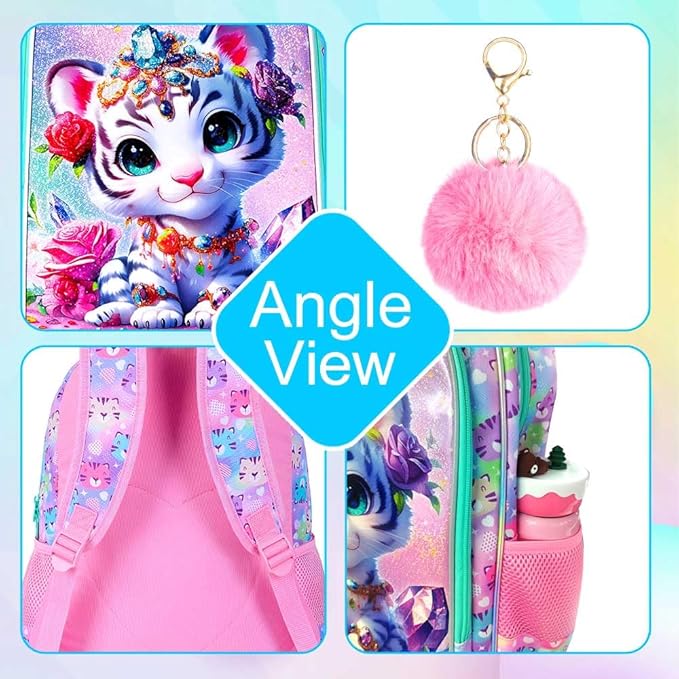 16" Girls Backpack, 16" Kids Bookbag with Lunch Box，Tiger School Backpacks for Elementary Preschool Kindergarten (Pink)