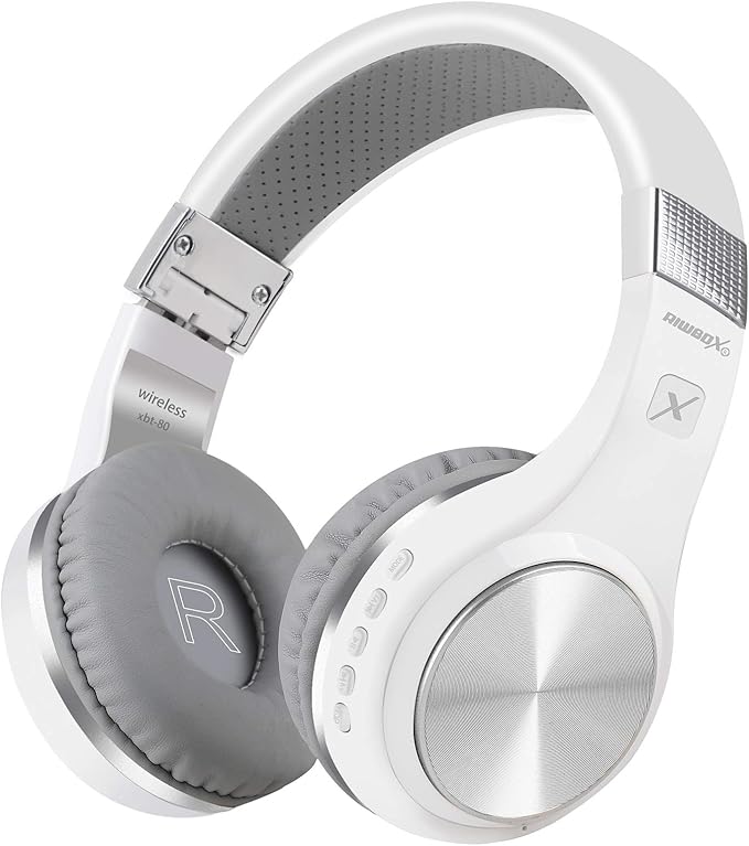 Riwbox Bluetooth Headphones, XBT-80 Folding Stereo Wireless Bluetooth Headphones Over Ear with Microphone and Volume Control, Wireless and Wired Headset for PC/Cell Phones/TV/iPad (Silver White)