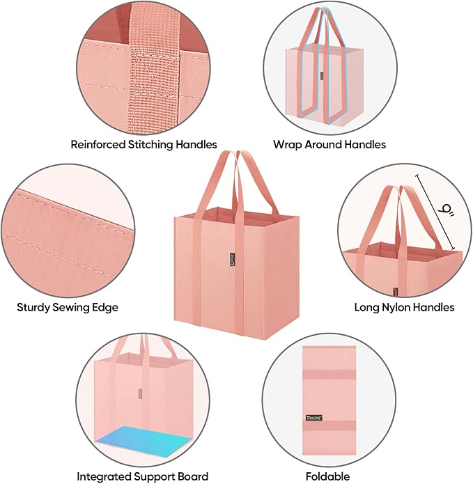 BALEINE 4 PK Grocery Bags Reusable Shopping Bags with Reinforced Bottom, Heavy Duty Foldable Tote BagsPink, 4 Pack