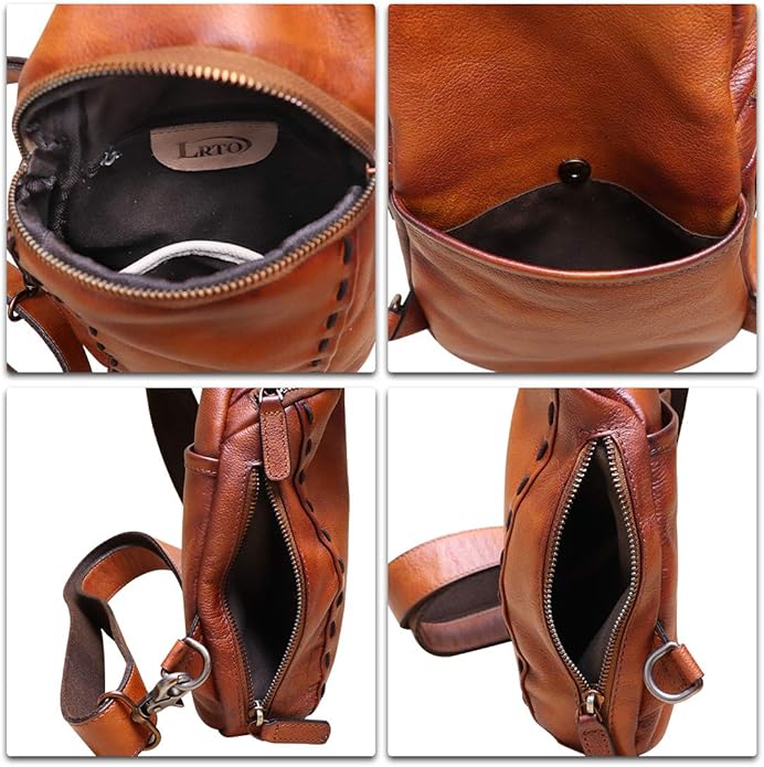 LRTO Genuine Leather Silng Bag for Women and Men Vintage Real Leather Sling Backpack Shoulder Crossbody Bag Chest Purse