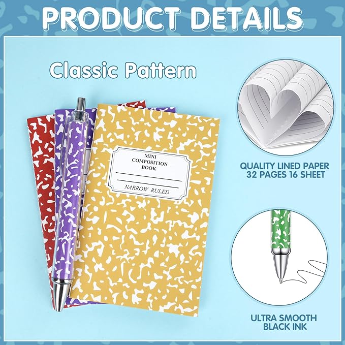 48 Pack Bulk Mini Composition Notebook with 24 Pack Assorted Colors Ballpoint Pens Set, 3.1x4.9 inch Hard Cover,16 Sheets Per Comp Book Marble Composition Notebook for School College & Office Supplies