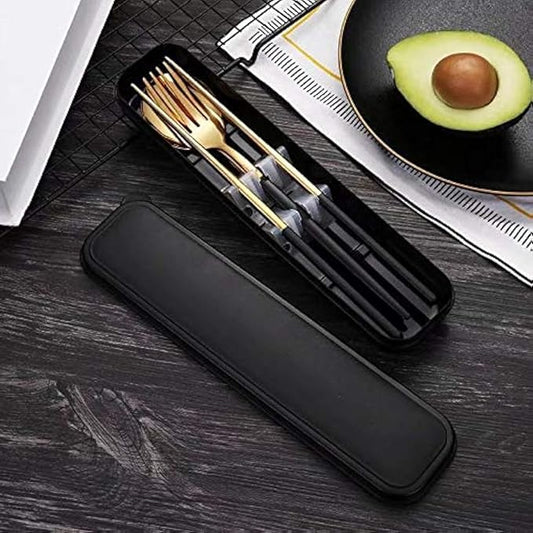 4 Pcs Portable Stainless Steel Tableware Set, Dishwasher Safe Reusable Flatware Cutlery Set, Include Fork Spoon Chopsticks with box (Golden black)
