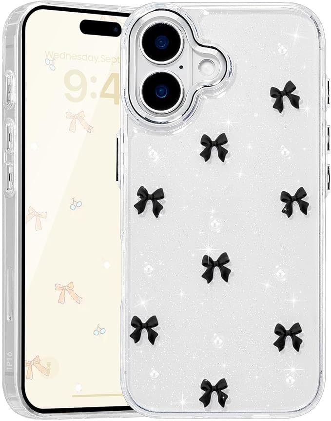 EYZUTAK Case for iPhone 16 Plus, Bling Glitter 3D Bowknot Phone Case Cute Sparkly Crystal Clear Bow Aesthetic Design Case Slim Soft Durable TPU Transparent Protective Cover for Women Girl - Black Bow