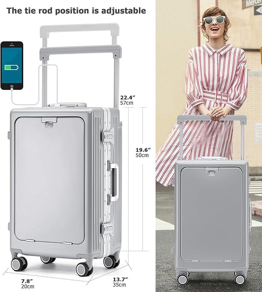 feilario 20" Aluminium Frame Hardside PC Carry on Luggage - Wide Handle Double Spinner Wheels Suitcase with TSA lock