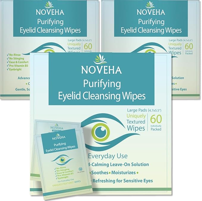 NOVEHA Eyelid & Lash Wipes | lid and lash Cleansing Wipes, Soothing For Sensitive Eyes, (60 Count each (Pack of 3))