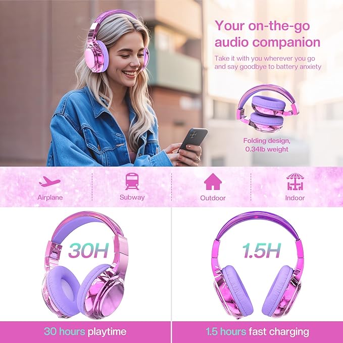 QearFun Kids Bluetooth 5.3 Headphones, Wireless Metallic Gradient Headset, Lightweight Foldable On Ear Headphones with Aux Cord, Fast Charging, Built-in Mic, for School/Travel/Tablet/iPad