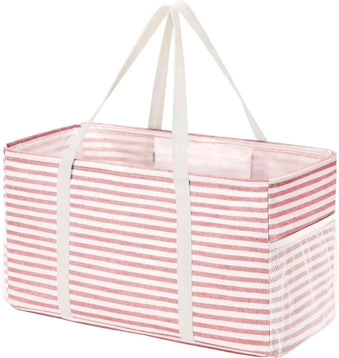 Lifewit Extra Large Tote Bag, Reusable Grocery Bags with Metal Wire Frame and Handles, Standing Utility Foldable Shopping Bags for Storage, Picnics, Beach, Pool, Laundry, Car, Camping, 1 Pack, Pink