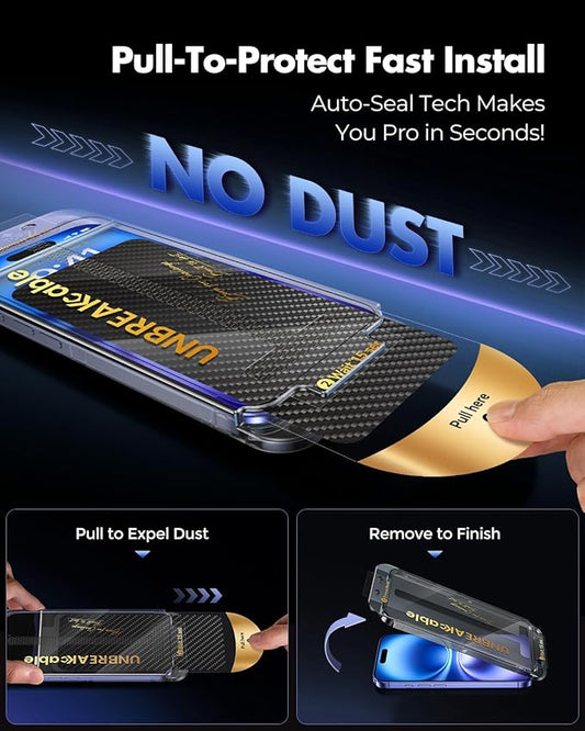 UNBREAKcable 3-Pack Screen Protector for iPhone 16 Tempered Glass - [One-Pull Perfection] [Auto Dust-Elimination] [9H+ Hardness] [99.99% HD Clear] Full Coverage for iPhone 6.1 inch