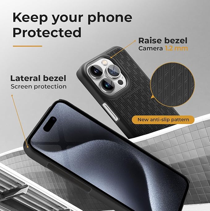 MOTIVE for iPhone 15 Pro Case with Belt Clip, Shell Holster Combo for Apple iPhone 15 Pro Holster, Slim Rugged Case, Drop Shockproof Protective Cover & Kickstand, 6.1 inch | Black