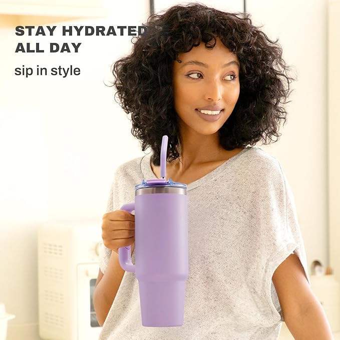 30 oz Tumbler with Handle, Tumbler with Lid and Straw, Double Wall Vacuum Insulated Travel Mug Stainless Steel Tumbler for Hot and Cold, Cupholder Friendly (Purple)