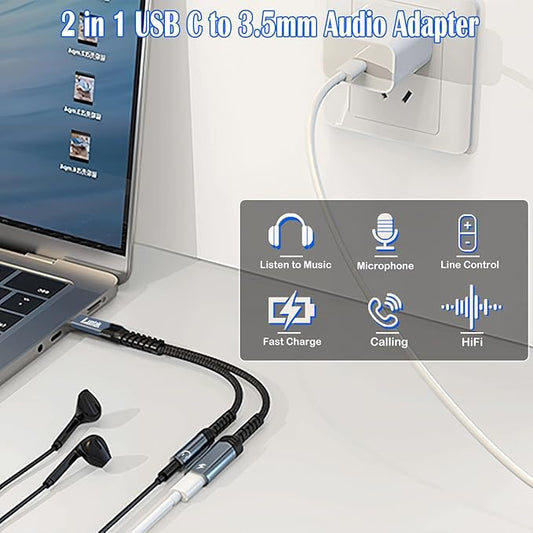 USB C to Headphone Jack Adapter and Charger,2 in 1 USB C to 3.5mm Audio Adapter with PD 60W Fast Charging Dongle Cable Cord for iPhone16/15 Pro Max,Samsung GalaxyS25-S21,Google Pixel8/7,iPad Pro