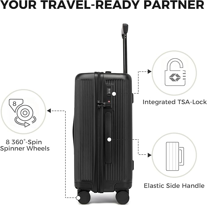 20 Inch Carry On Luggage, Hardside Lightweight Spinner Suitcase with TSA Lock, 22x14x9 Airline Approved Hard Shell Travel Suitcase with Wheels, Scratch Resistant (Black, 20 Inch)
