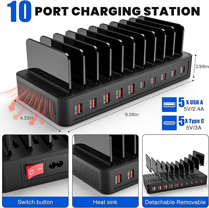 Charging Station for Multiple Devices, 100W 10 Ports Flat Plug Charging Dock with 10 Cables Smart IC Tech and Adjustable Dividers Type-C，Multi USB Charger for iPhone Galaxy iPad Tablet，Black