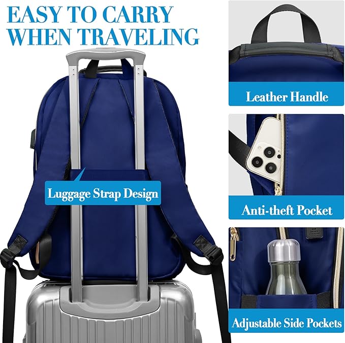 Navy Blue 15.6 Inch Laptop Backpack for Women, Stylish Water-Resistant Backpack with USB Charging Port, Anti-Theft Pockets, and Padded Laptop Compartment