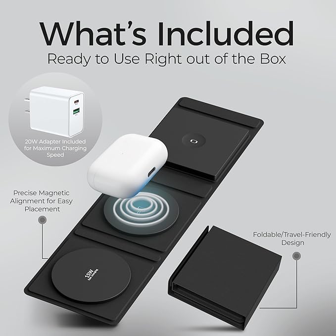 3-in-1 Magnetic Wireless Charging Station for Multiple Apple Devices – Foldable Travel Charger for iPhone 16/15/14/13/Pro/Max, Apple Watch, AirPods 4/3/2/Pro – 20W Dual Power Adapter Included