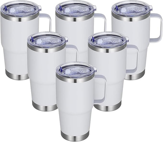 20 oz Stainless Steel Tumbler with Handle Bulk Metal Insulated Tumblers Travel Coffee Mug with Handle Double Wall Tumbler Cup with Lid and Straw, White 6 Pack