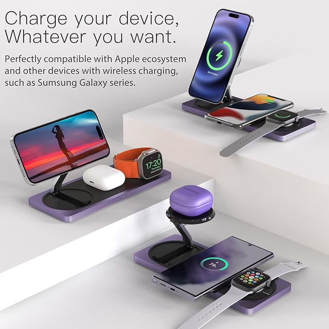 PETINO Mag-Safe Charger Stand, 3-in-1 Magnetic Wireless Charging Station for Apple Devices, iPhone 15/14/13/12 Series, Apple Watch, AirPods Pro (Purple)