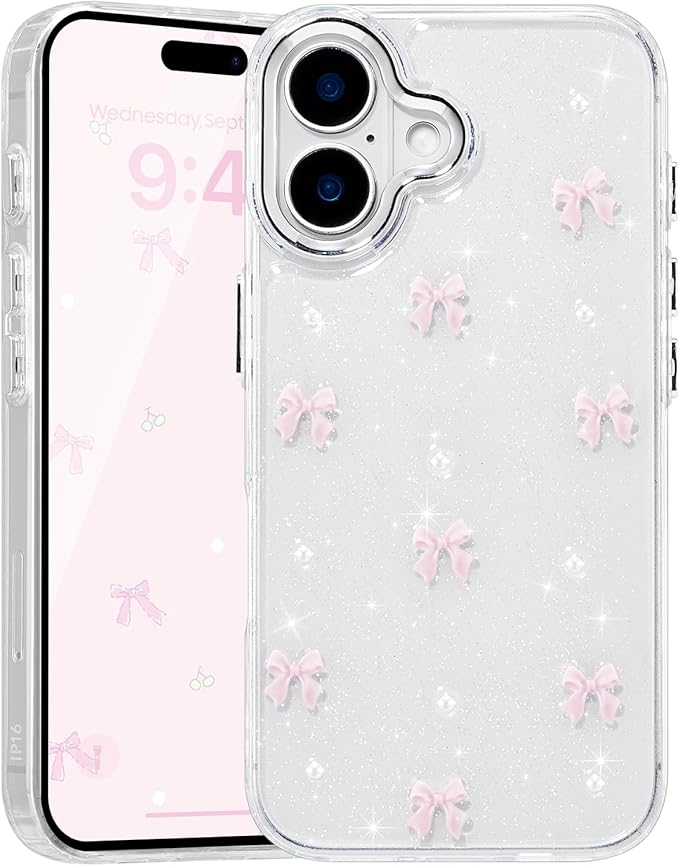 EYZUTAK Case for iPhone 16 Plus, Bling Glitter 3D Bowknot Phone Case Cute Sparkly Crystal Clear Bow Aesthetic Design Case Slim Soft Durable TPU Transparent Protective Cover for Women Girl - Pink Bow