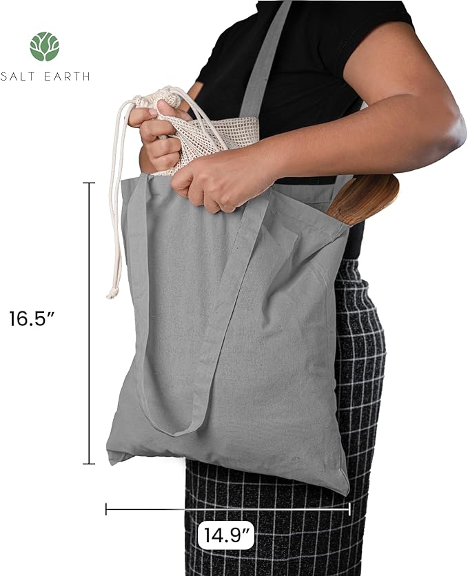 Salt Earth Pack of 5 | 6 | 12 | 24 | 48 – 100% Cotton Reusable Tote Bags – Bulk Grocery, Shopping, DIY, Beach & Gift Use