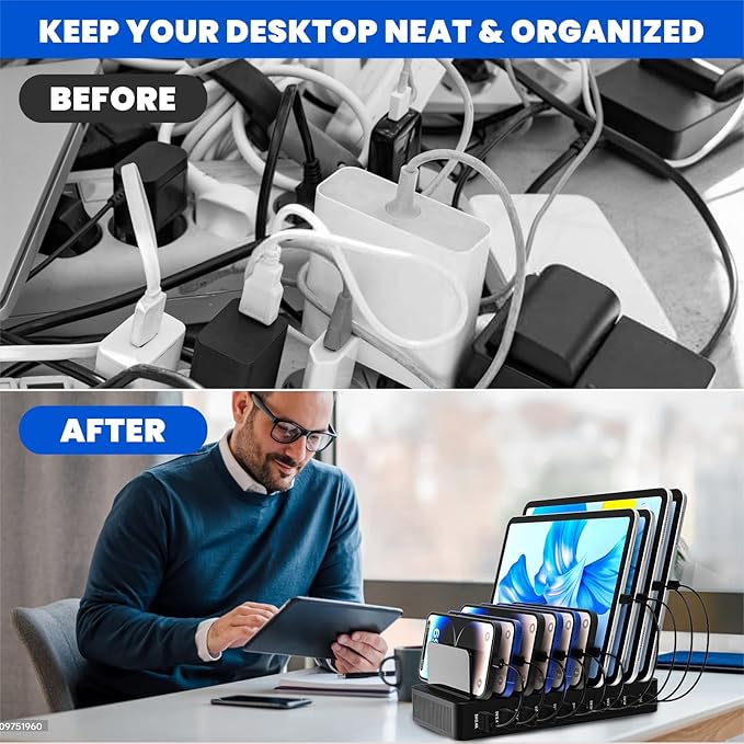 Charging Station for Multiple Devices, 100W 10 Ports Flat Plug Charging Dock with 10 Cables Smart IC Tech and Adjustable Dividers Type-C，Multi USB Charger for iPhone Galaxy iPad Tablet，Black