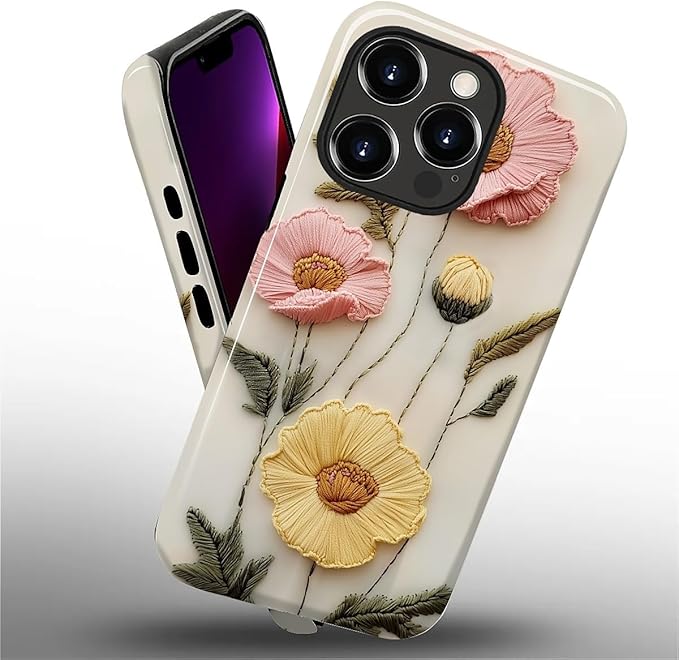Case for iPhone 13 Pro Case,Faux Embroidery Boho Floral Design - Hybrid Dual Protection Silicone + Hard PC Shockproof Full Body Cover Slim Anti-Scratch Protective Case for Men Women
