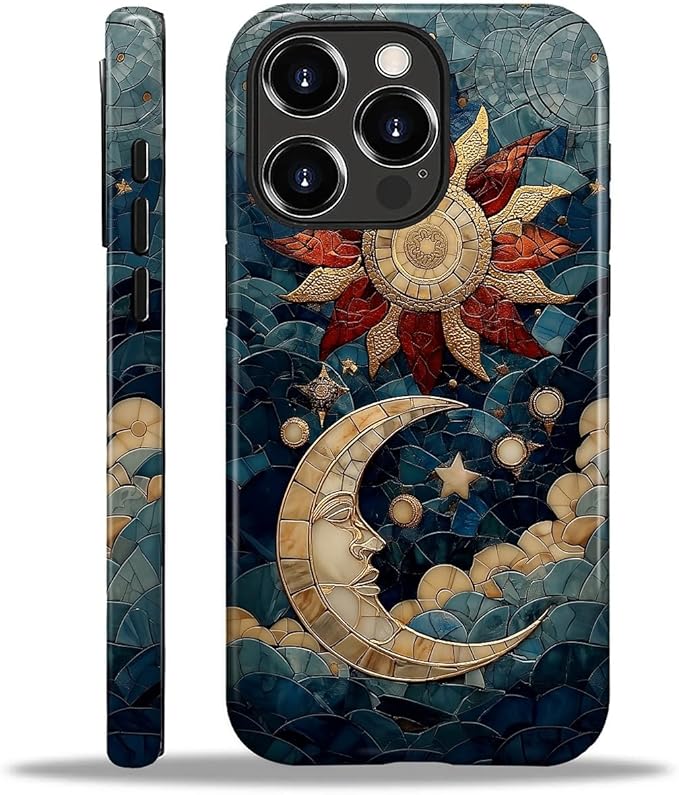 Case for iPhone 16 Pro Case,Sun Moon Stars Faux Stained Glass Design - Hybrid Dual Protection Silicone + Hard PC Shockproof Full Body Cover Slim Anti-Scratch Protective Case for Men Women