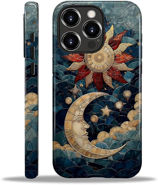Case for iPhone 16 Pro Case,Sun Moon Stars Faux Stained Glass Design - Hybrid Dual Protection Silicone + Hard PC Shockproof Full Body Cover Slim Anti-Scratch Protective Case for Men Women