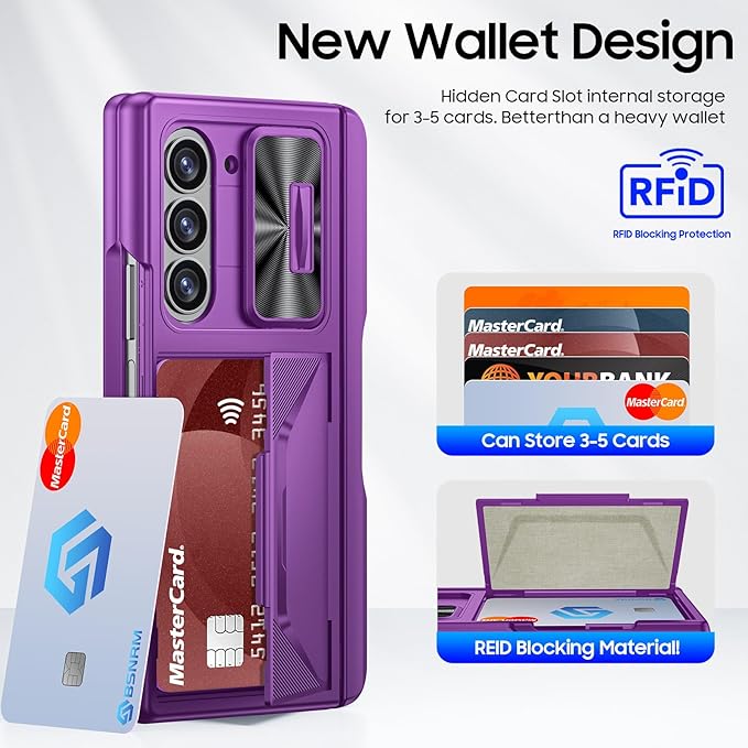 for Samsung Galaxy Z Fold 6 Case with Card Holder, Built in RFID Blocking& S Pen Holder& Slide Camera Cover& Hinge Protection& Full-Body Rugged Shockproof Wallet Case for Galaxy Z fold 6, Purple