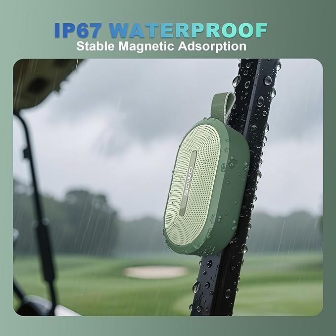 SOWO Wireless Portable Small Speaker, Ultra Magnetic Bluetooth Speaker for Golf Cart, Coverless IP67 Waterproof, 24 H Playtime, Pro Sound, Clip Hanging Design for Outdoor, Indoor - Green