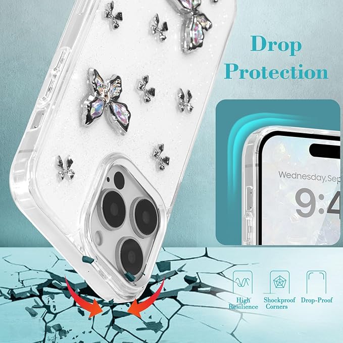 EYZUTAK Case for iPhone 13 Pro Max, Bling Glitter 3D Butterflies Bowknot Phone Case Cute Crystal Clear Bow Aesthetic Case Slim Soft Durable TPU Transparent Protective Cover for Women Girls - Butterfly