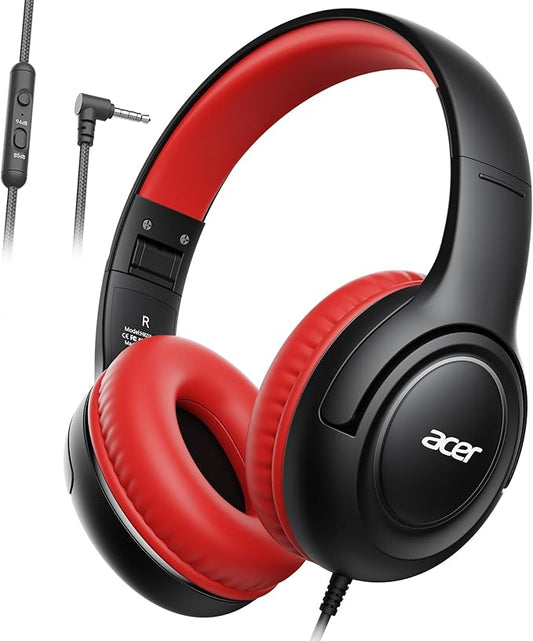 acer Kids Headphones Wired for School - Over-Ear 85/94dB Volume Limiter, 3.5mm Jack Foldable Stereo Sound Headset for Toddlers Girls Boys Travel Learning Entertainment Tablet Kindle iPad PC Black Red