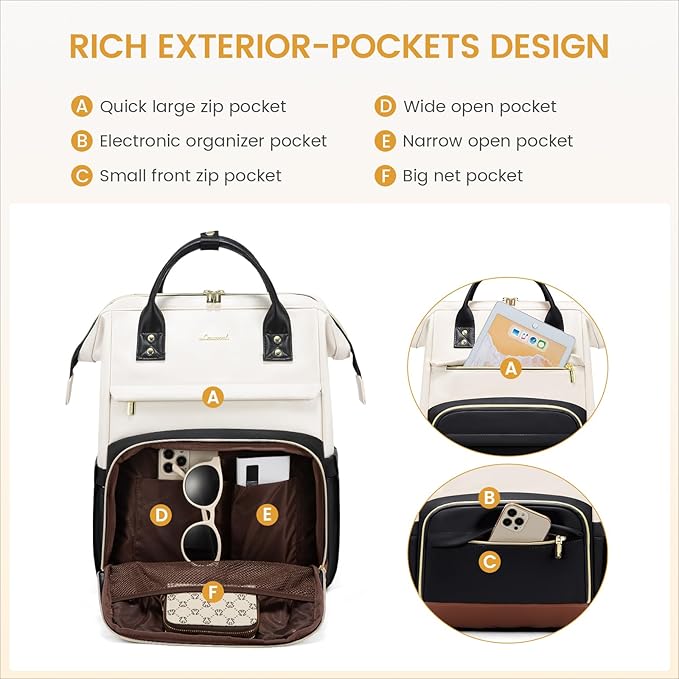 LOVEVOOK Leather Backpacks for Women,15.6 inch Leather Laptop Backpack Women,Professional Work Backpack Nurse College Teacher Bag,Womens Laptop Bag Computer Travel Backpacks,Beige White-Black-Brown