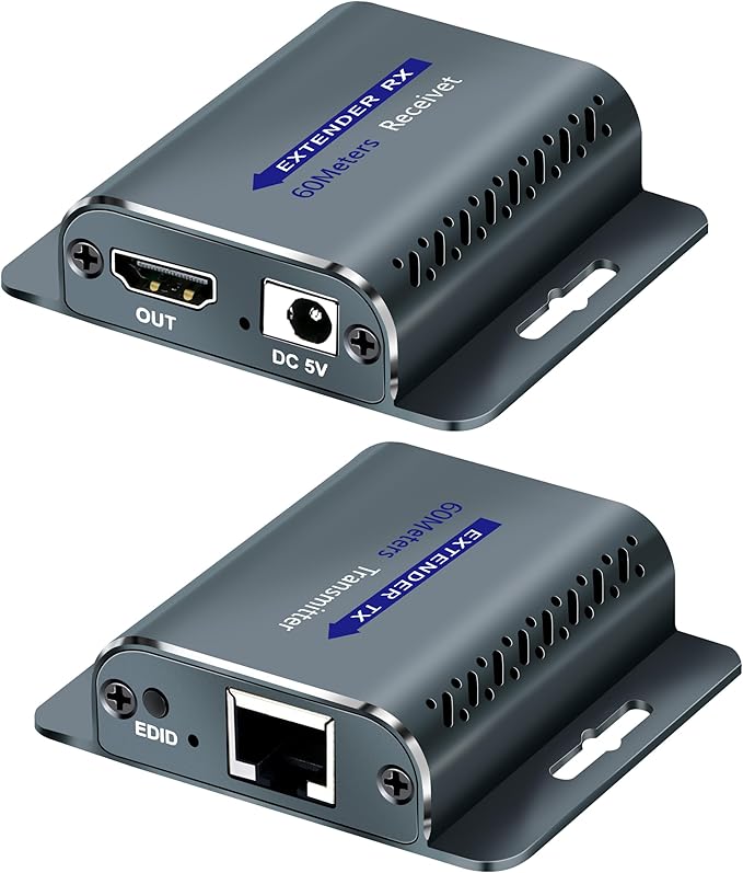 HDMI Extender Over cat6/7 ethernet 60m 1080P@60Hz with POC RJ45 to HDMI Adapter with 5V Power Adapter