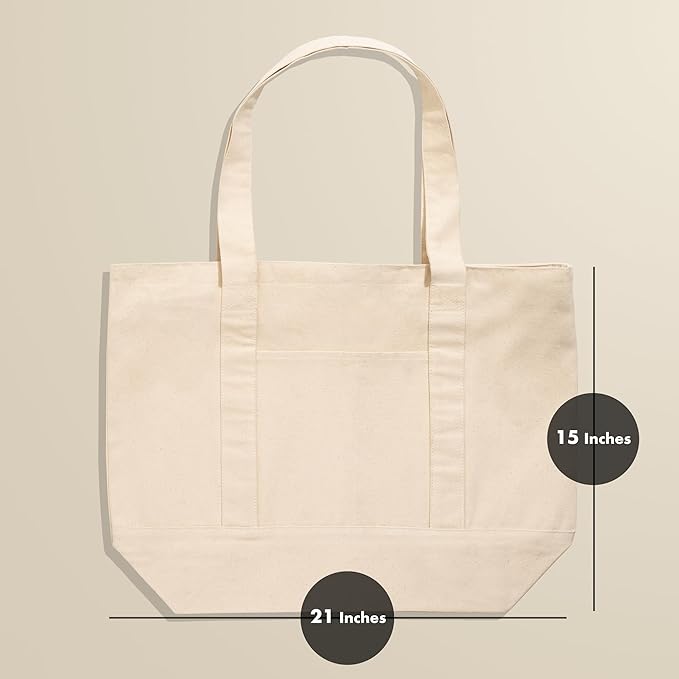 Carrywell |Not Made in China| Cotton Tote Bags, Reusable Grocery Shopping Bag with Zipper Closure and Front Pocket, Heavy Duty Organic Cloth w/Handles